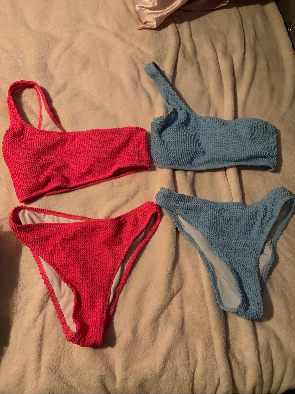 Pink & Light Blue Textured One-Shoulder Bikini Sets